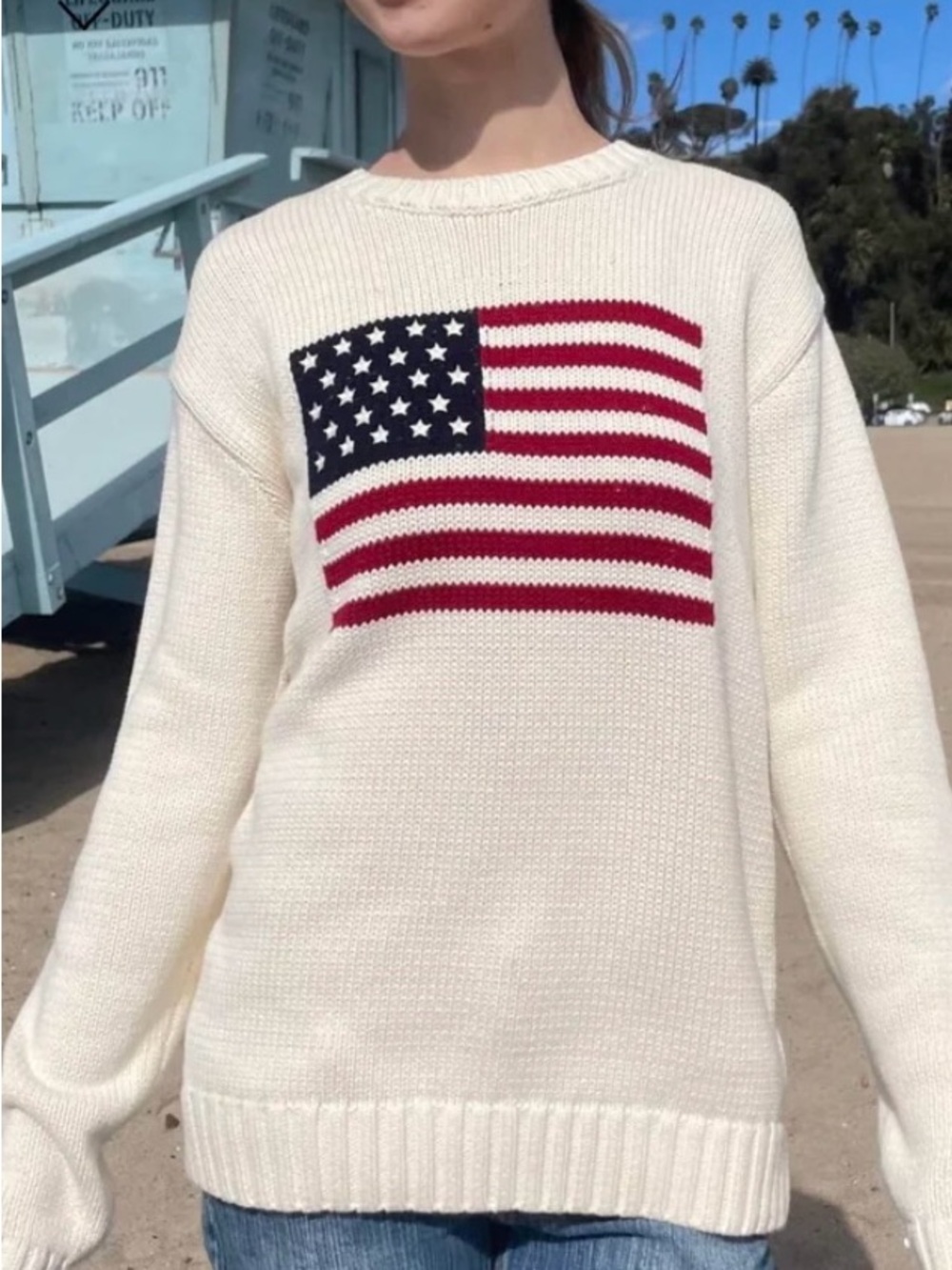 Brandy Melville Cream Knit Sweater with Flag Motif